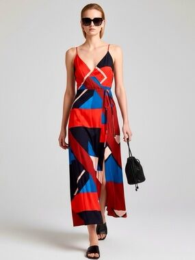Vintage Y2K Geometric Print Wrap Maxi With Side Slit
